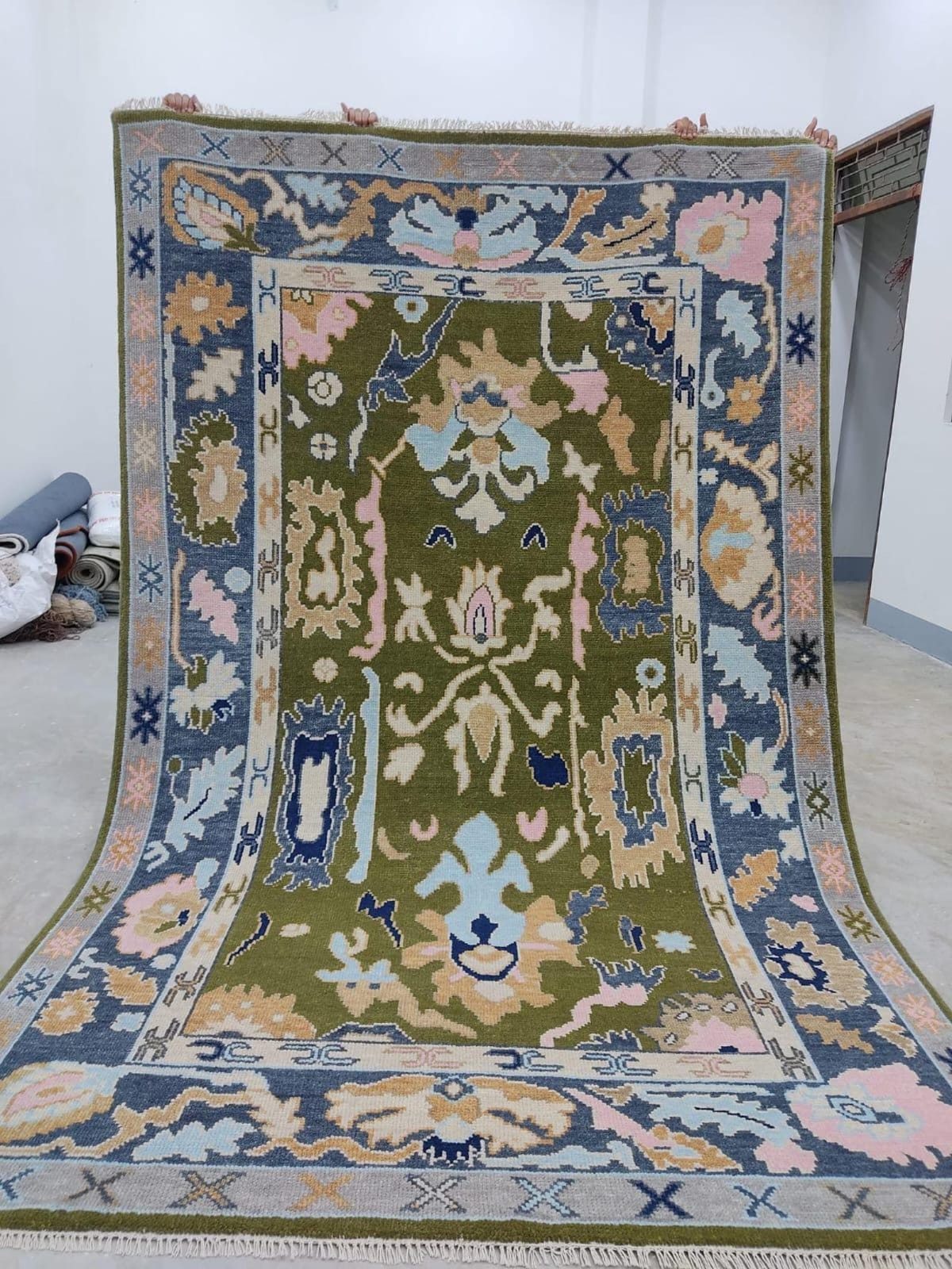 Hand-Knotted Oushak Rug in Olive Green Floral