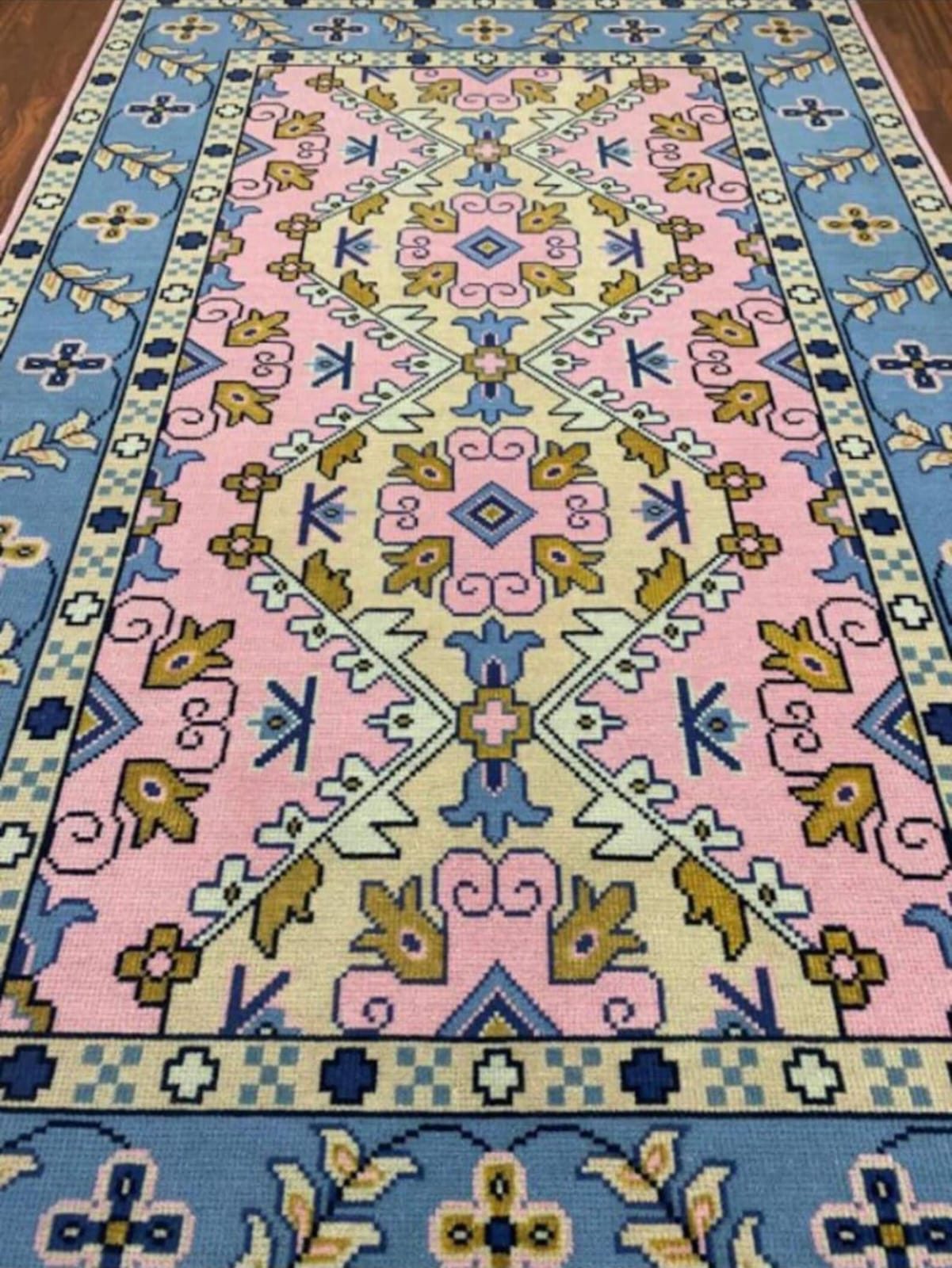 Hand-Knotted Wool Rug in Pastel Blue & Pink Oushak Design