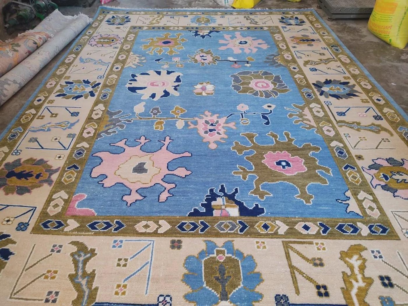 Hand-Knotted Oushak Rug in Sky Blue, Pink & Olive Floral