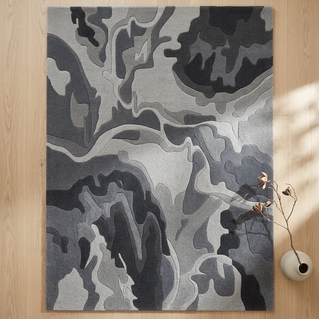 Hand-Tufted Abstract Camouflage Rug in Charcoal & Grey