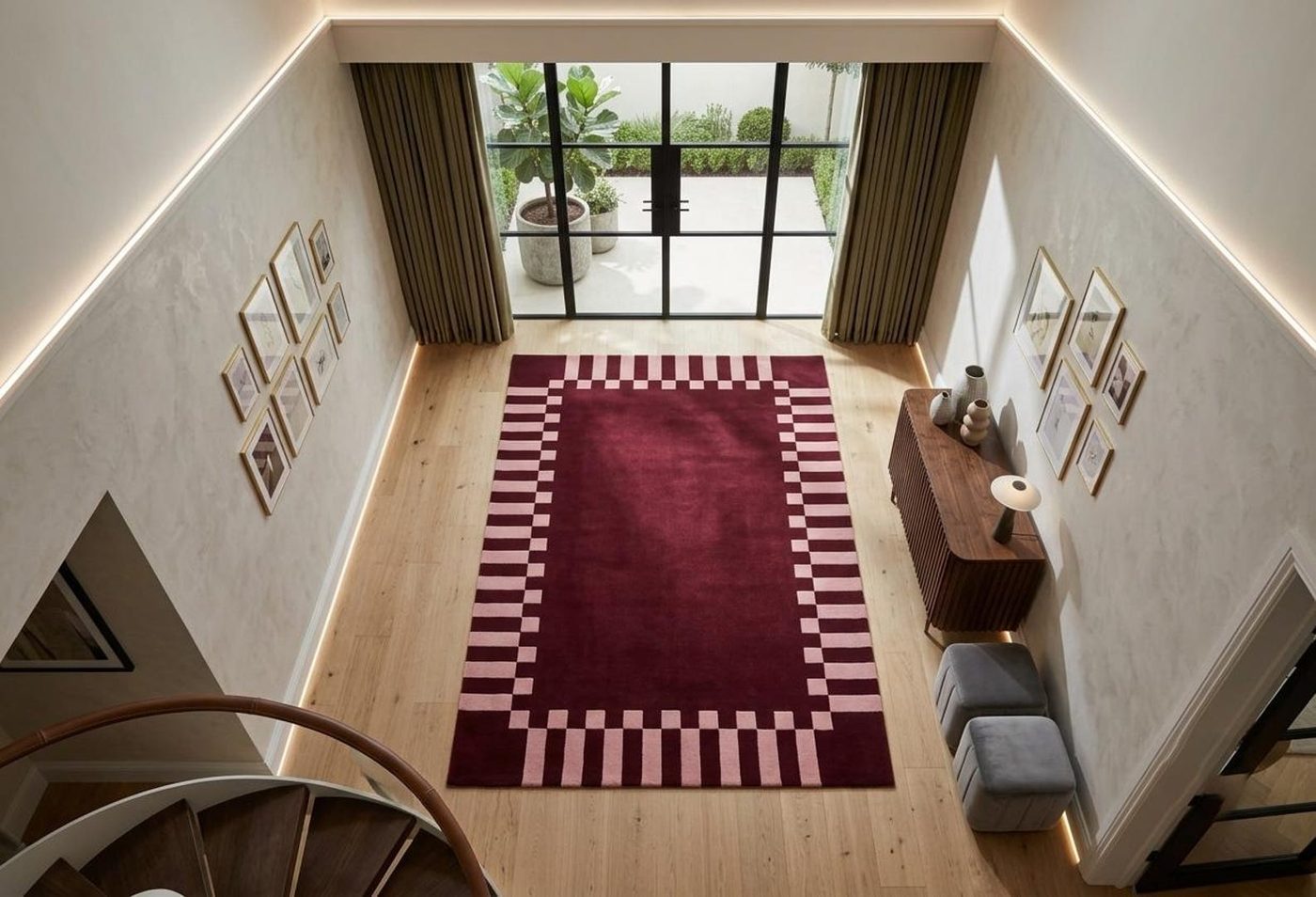 Hand-Tufted Burgundy Rug with Pink Checkered Border