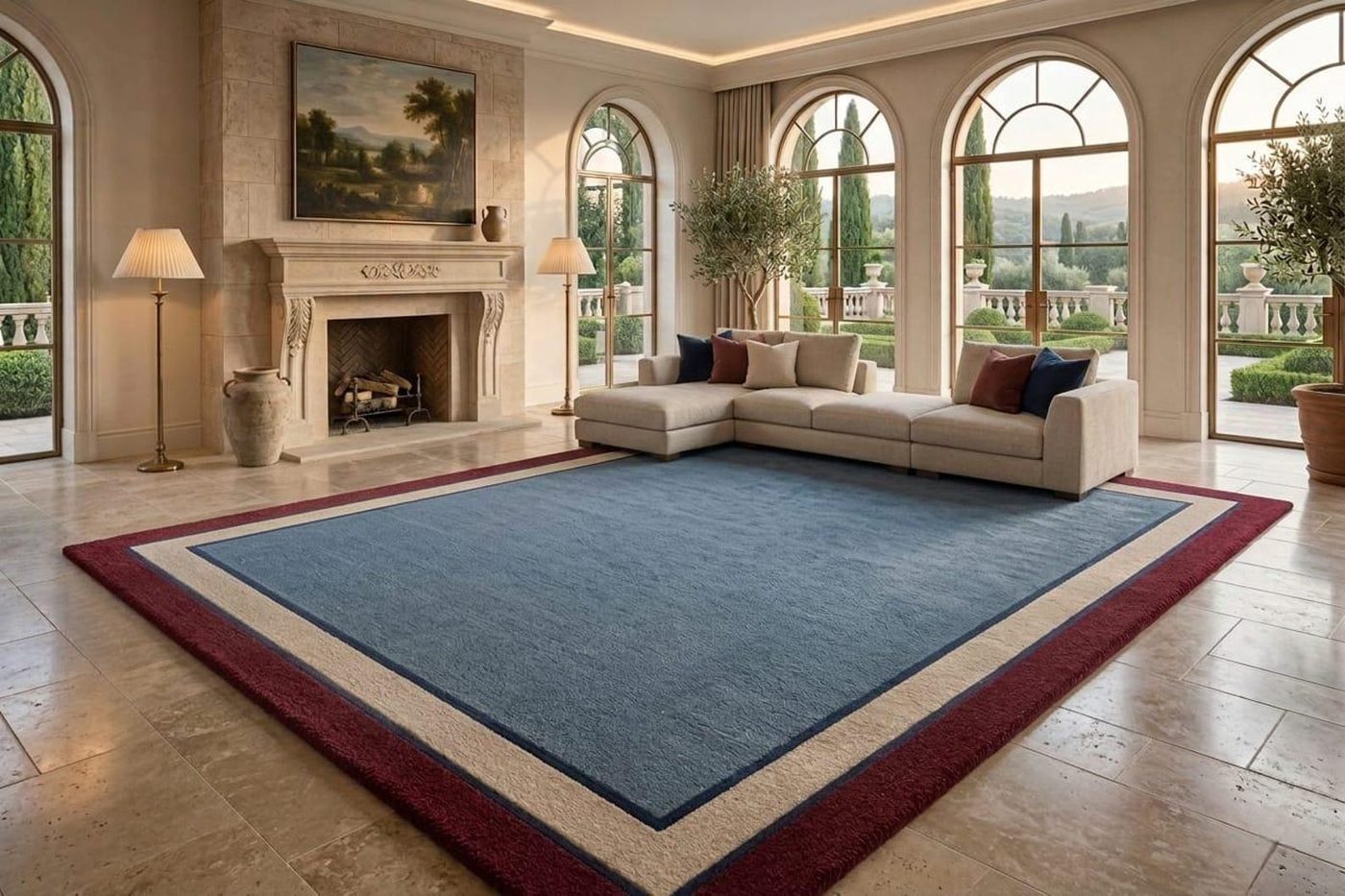 Hand-Tufted Geometric Rug in Blue, Burgundy & Ivory