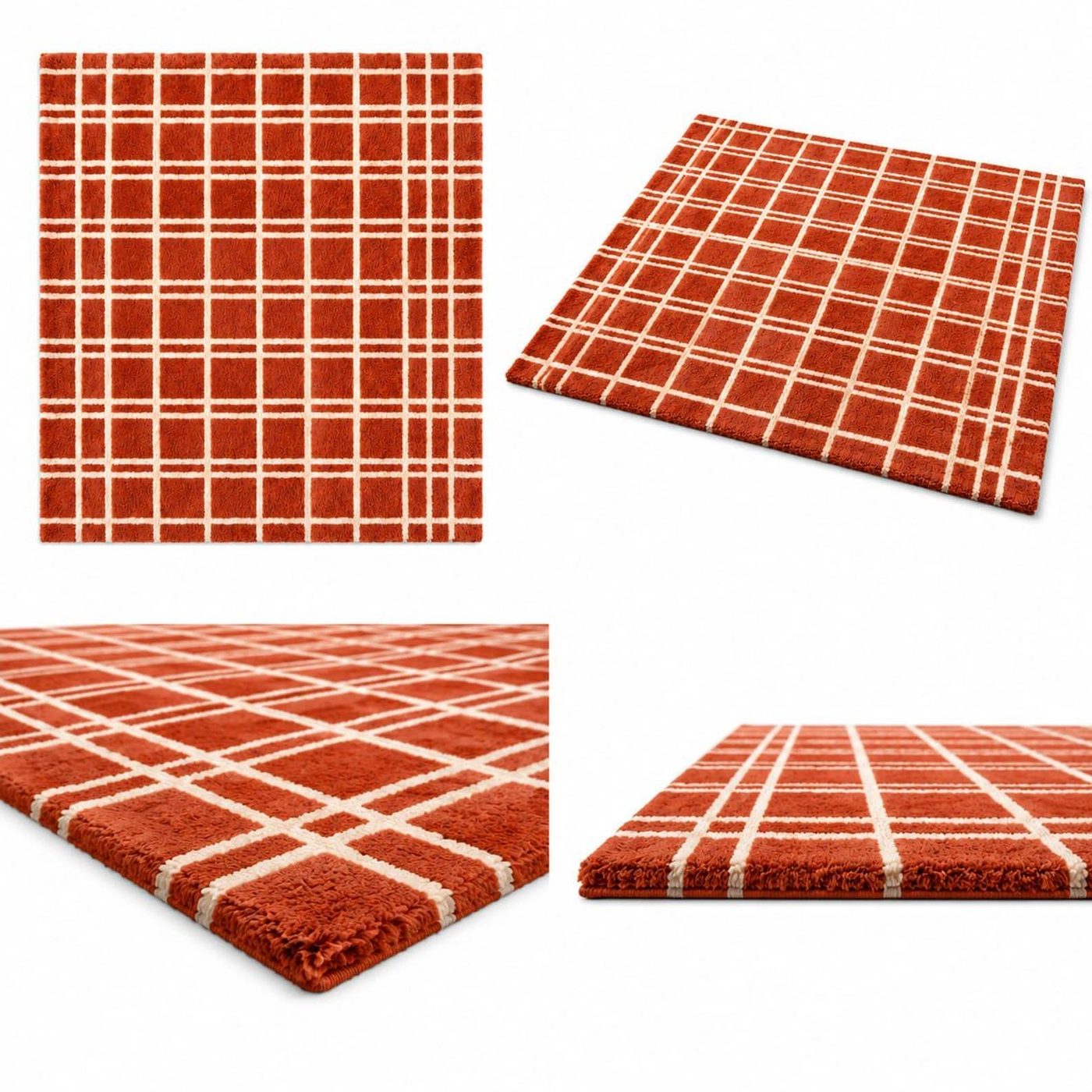 Hand-Tufted Checkered Grid Rug in Rust & Ivory