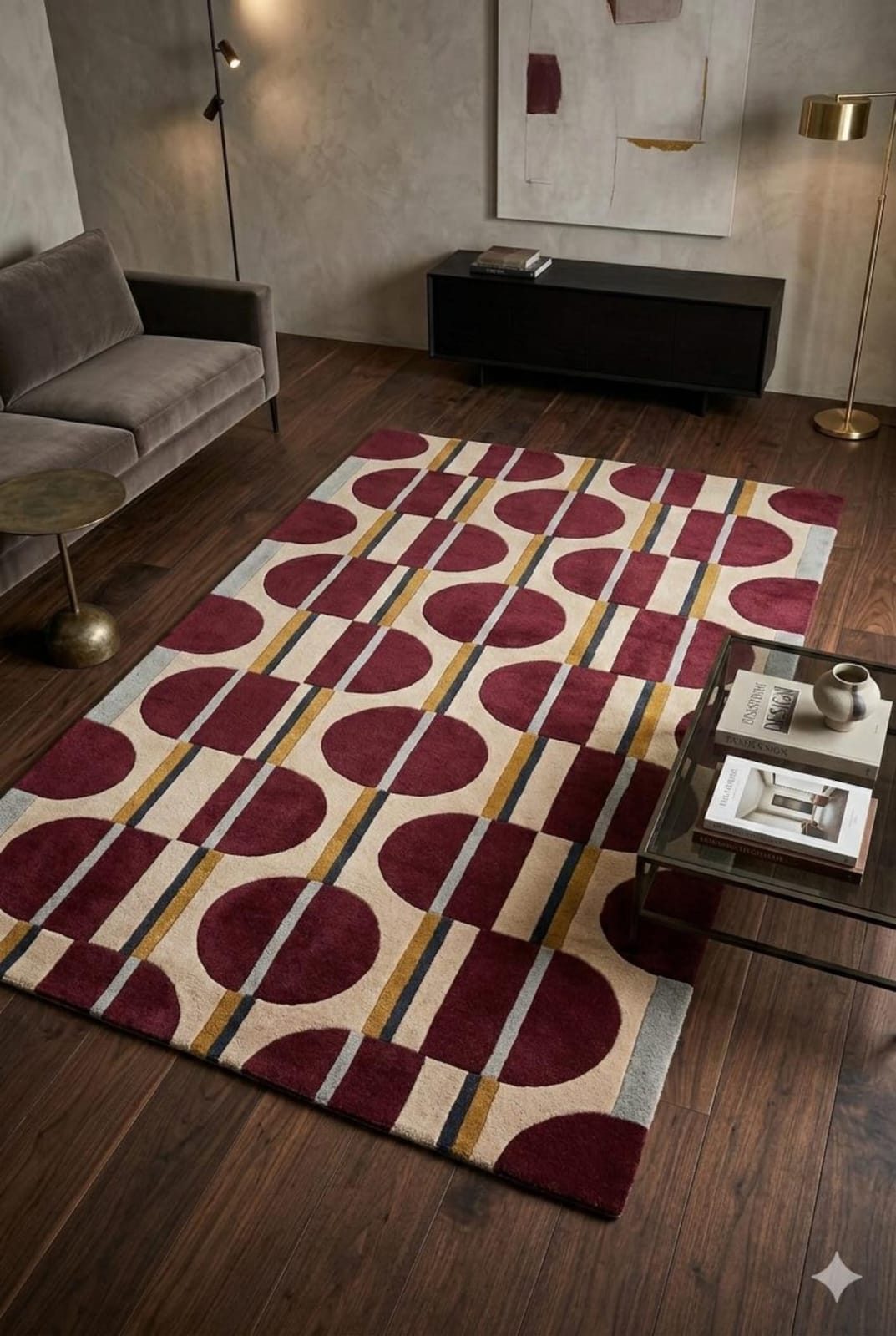 Hand-Tufted Mid-Century Geometric Rug in Burgundy & Cream
