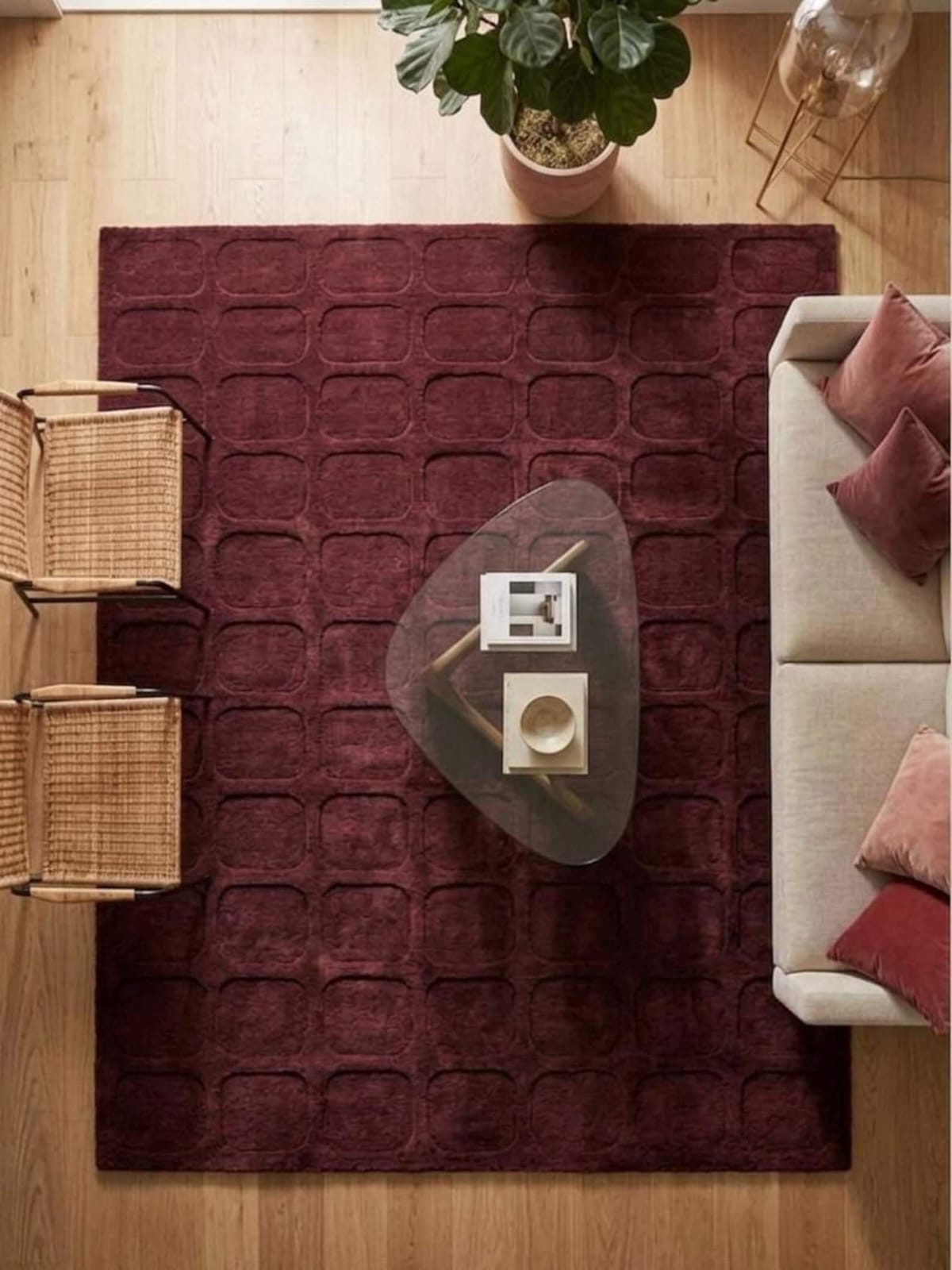 Hand-Tufted Burgundy Geometric Rug with Carved Texture