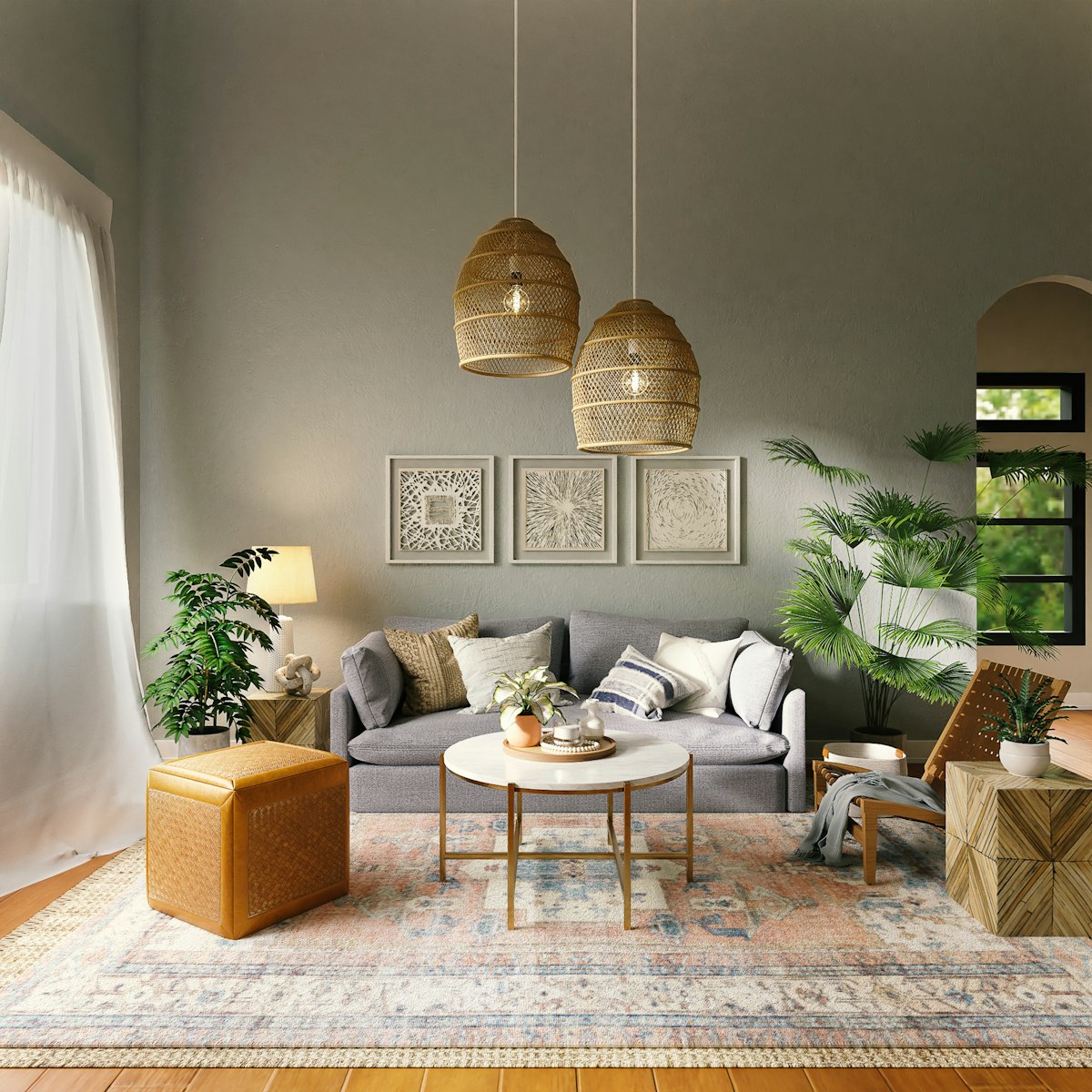 A living room styled with a hand-knotted area rug